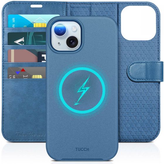 TUCCH iPhone 15 Magnetic Detachable Leather Wallet Case, Regular iPhone 15 2in1 Flip Cover - Light Blue