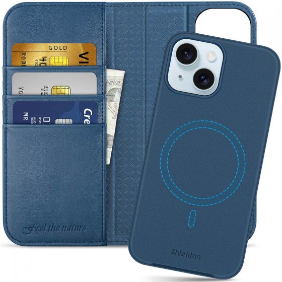 SHIELDON iPhone 15 Magnetic Leather Detachable Wallet Cover, iPhone 15 MagSafe & Wireless Charging Compatible Case - Royal Blue