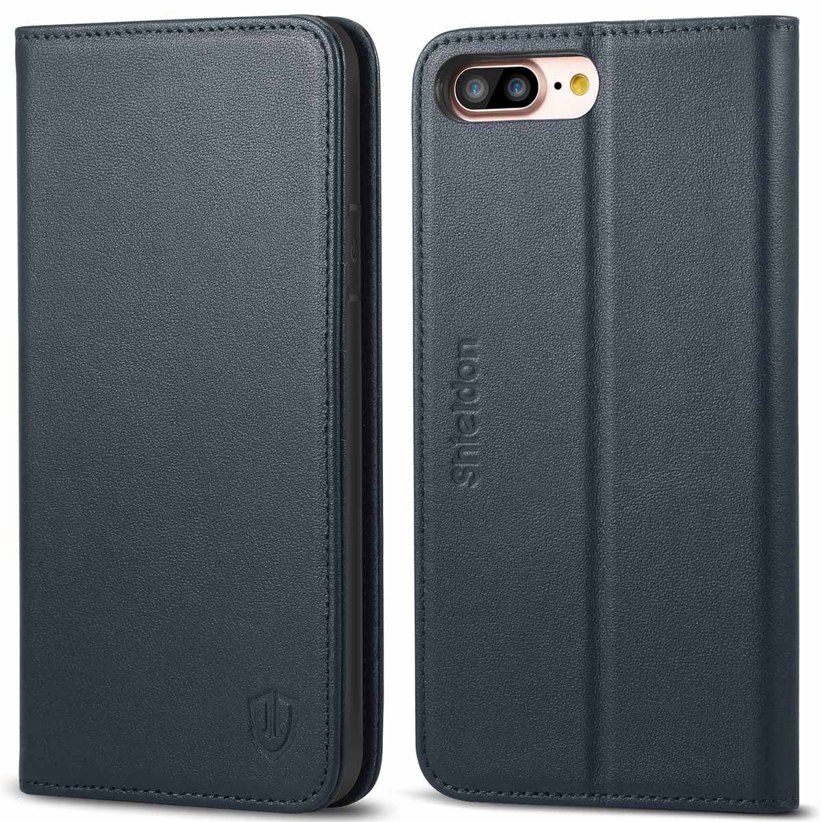 Stof dikte Passief SHIELDON iPhone 8 Plus Wallet Case - Blue color Genuine Leather Cover,  Magnet Closure, Kickstand Function, Flip Cover, Folio Style