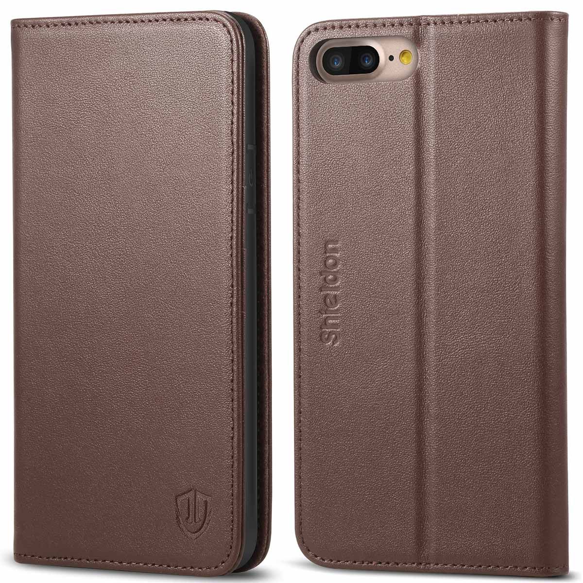 SHIELDON iPhone 8 Plus Wallet Case - Coffee color Genuine Leather Cover, Magnet Closure, Kickstand Function, Flip Folio Style