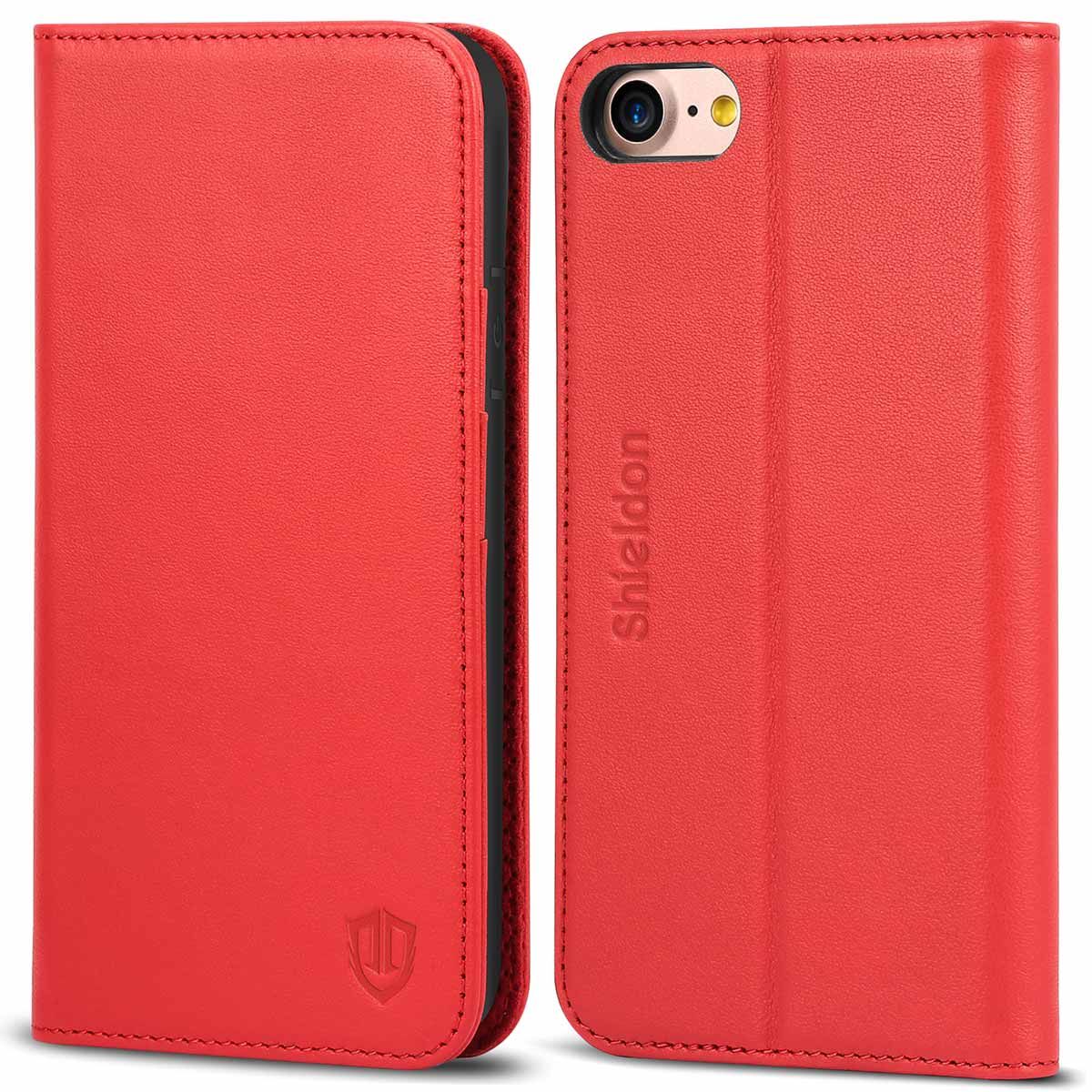 spiegel einde Uitgaven SHIELDON iPhone 8 Genuine Leather Wallet Case, Magnet Closure, Kickstand  Function, Flip Cover, Folio Style,Red