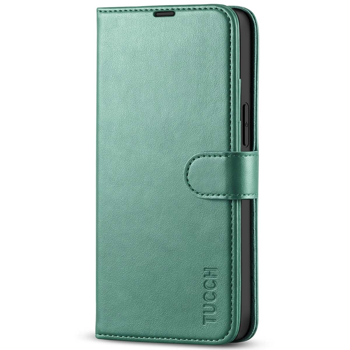 SHIELDON iPhone 13 Mini Genuine Leather Case, iPhone 13 Mini Wallet Cover  with Magnetic Clasp Closure - Midnight Green