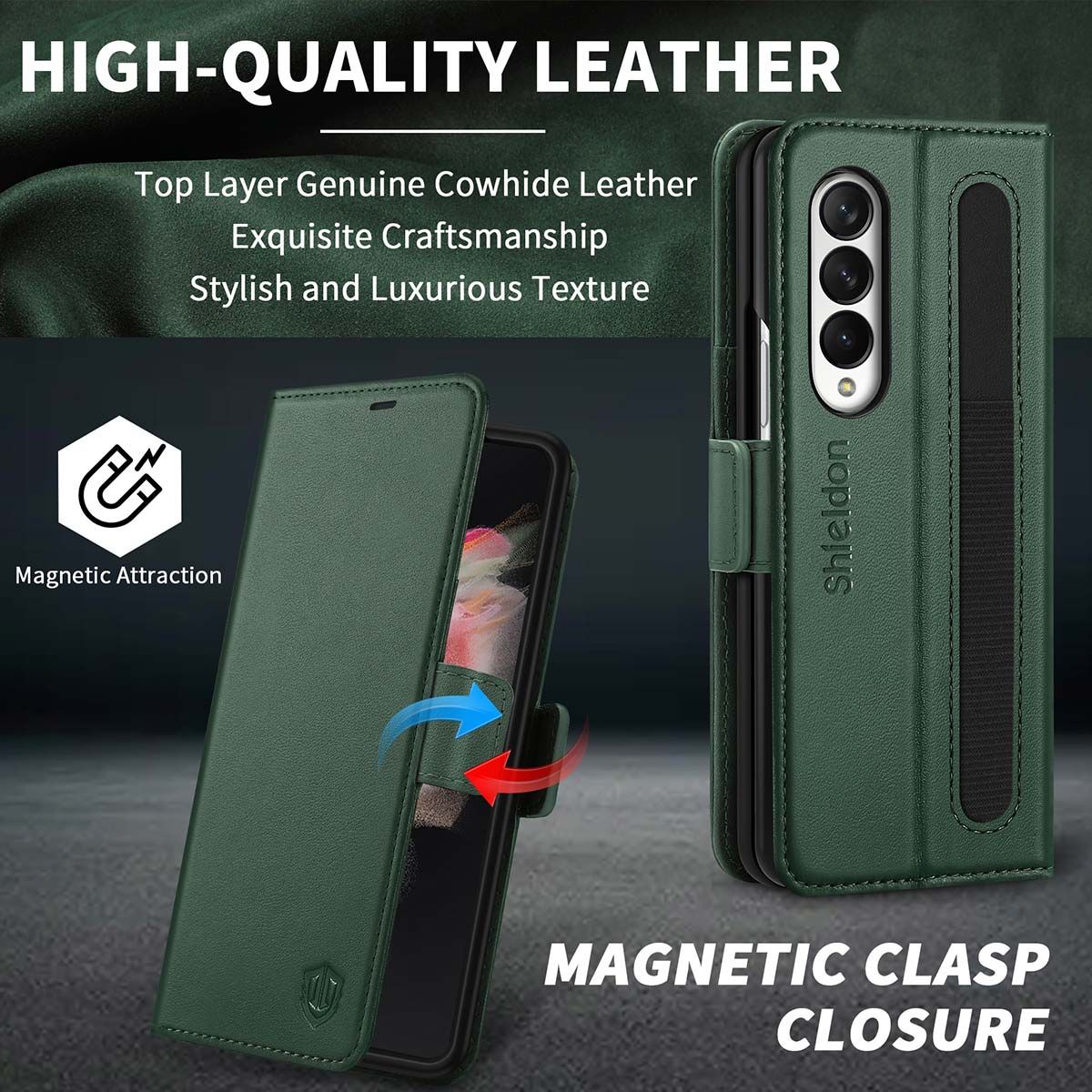 SHIELDON iPhone 13 Mini Genuine Leather Case, iPhone 13 Mini Wallet Cover  with Magnetic Clasp Closure - Midnight Green