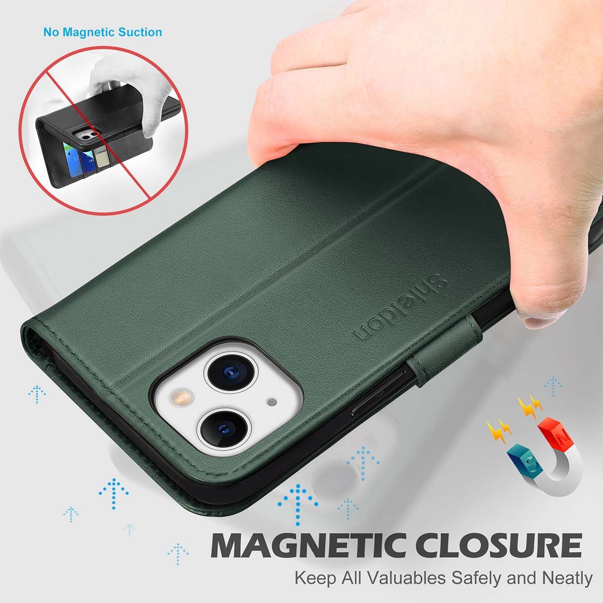Shieldon Iphone 13 Mini Genuine Leather Case Midnight Green Iphone 13 Mini Wallet Cover With Magnetic Clasp Closure Rfid Blocking Book Flip Folio Kickstand Phone Case For Iphone 13 Mini 5 4 Inch