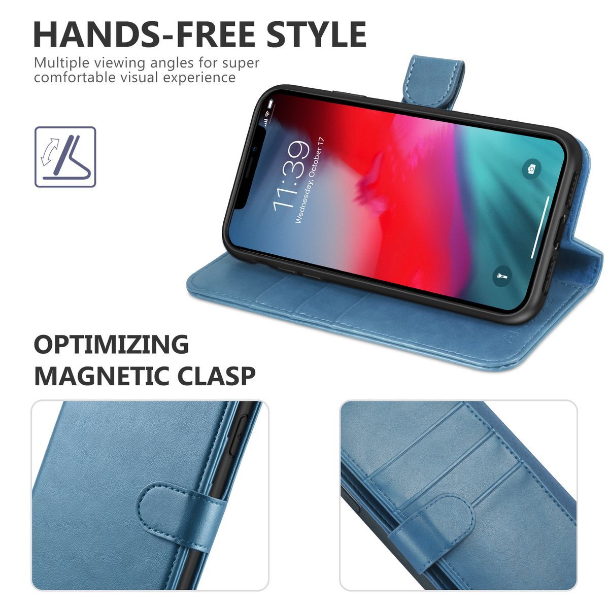 TUCCH iPhone XS Max Wallet Case Folio Style Kickstand With Magnetic  Strap-Lake Blue
