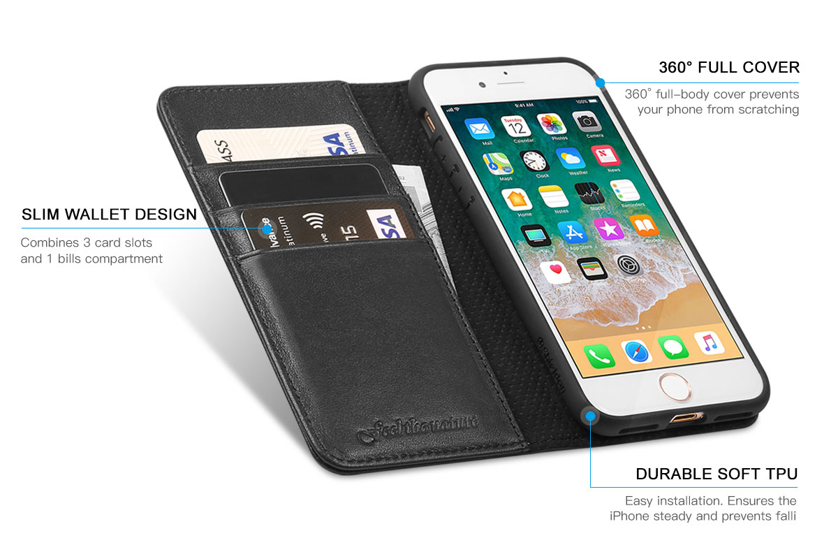 SHIELDON iPhone 8 Plus Wallet Case -Black Genuine Leather Cover, Magnet Closure, Kickstand ...